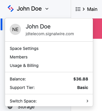 The left drop-down menu for your SignalWire Space.